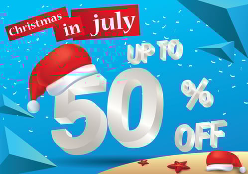 Christmas Biggest Sale in July, poster, or banner template, with santa hat and 3d 50 percent discount offers. vector