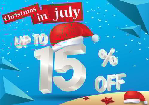 Christmas Biggest Sale in July, poster, or banner template, with santa hat and 3d 15 percent discount offers. vector