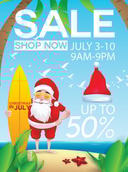 Christmas in June, July, August, for poster, marketing, advertising, summer sale, greeting card. santa in summer with copy space discount offers. vector