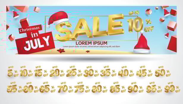 Christmas in july sale tags set vector badges template, 10 off, 20 percent, 30, 40, 50, 60, 70, 45, 35, 15, percent sale label symbols, discount promotion 3 dimension geometric