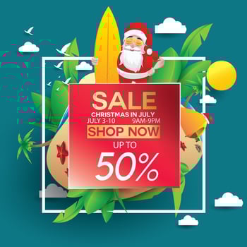Christmas in June, July, August, for poster, marketing, advertising, summer sale, greeting card. santa in summer with copy space discount offers. vector