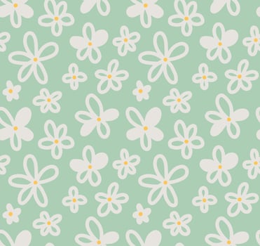Cute flowery seamless pattern with camomile, daisy flower on light green background. Sweet romantic simple floral vector backdrop, wallpaper.