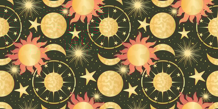 Celestial seamless pattern with sun, moon and stars. Magic astrology in boho vintage style. Mystical pagan golden sun with planets and moon phases. Vector illustration