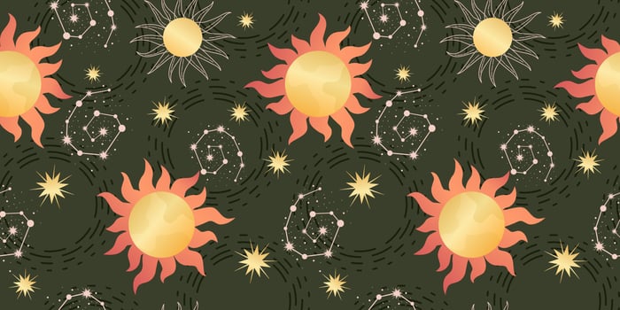 Star celestial seamless pattern with sun and constellations. Magical astrology in vintage boho style. Golden sun with rays and stars. Vector illustration.