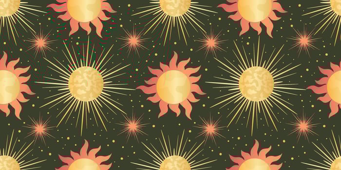Star celestial seamless pattern with sun. Magical astrology in vintage boho style. Golden sun with rays and stars. Vector illustration