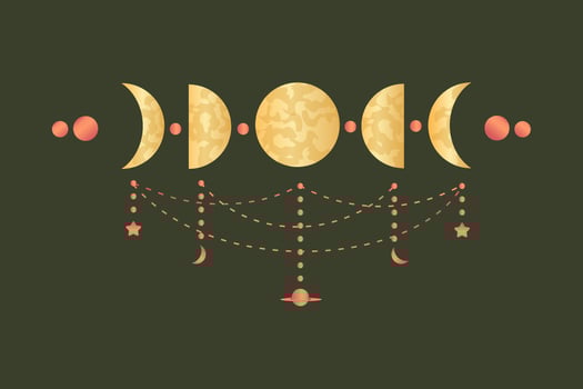 Moon phases for pagan sacred astrology. Celestial complete cycle of moons with decorations. Vector illustration.