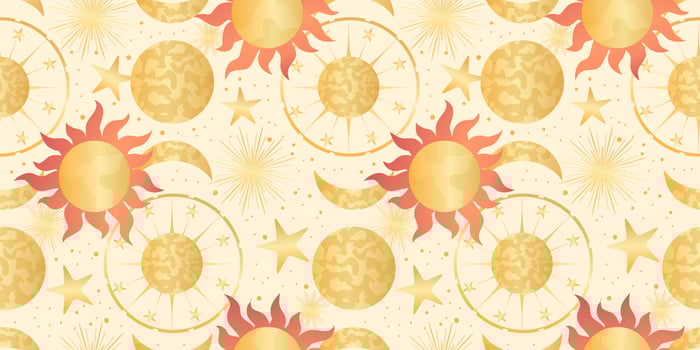 Star celestial seamless pattern with sun and planet. Magical astrology in vintage boho style. Golden sun with rays and moon. Vector illustration