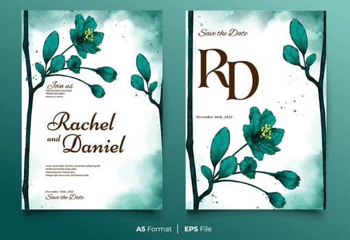 Watercolor wedding invitation template with green flower ornament vector
