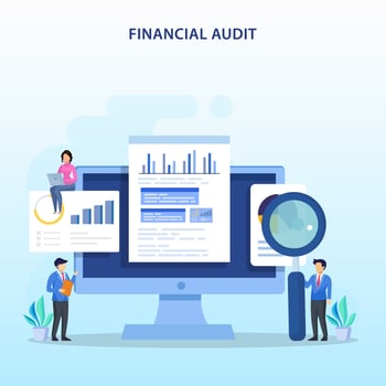 Financial audit concept. Managment calculation, financial accounting or audit tax service. vector illustration