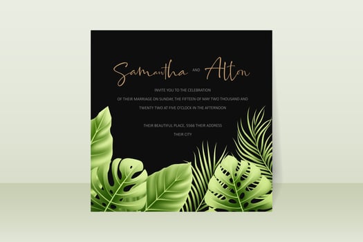 Wedding invitation template with realistic tropical summer leaves vector