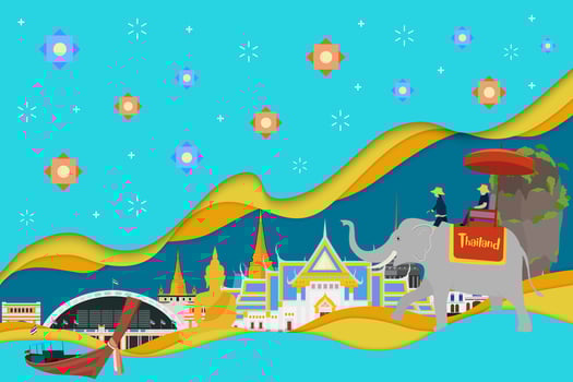 Welcome to Thailand and Guardian Giant, Thailand travel concept. The Golden Grand Palace To Visit In Thailand in flat style vector