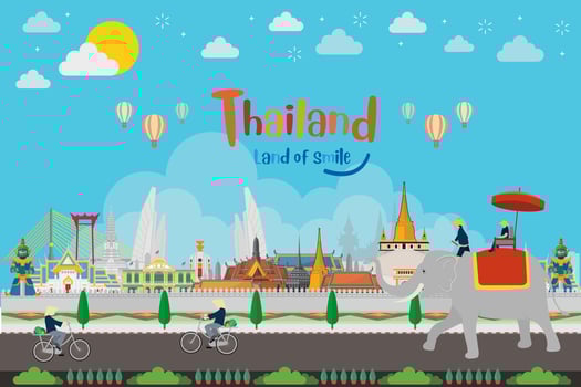 Welcome to Thailand and Guardian Giant, Thailand travel concept. The Golden Grand Palace To Visit In Thailand in flat style vector