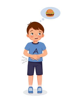 cute little boy feeling so hungry holding her stomach thinking of eating burger vector