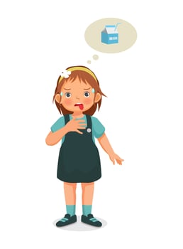 Cute little girl feel so thirsty and sweating thinking of drinking milk vector