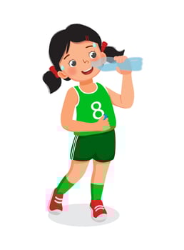 Cute little girl drinking fresh water from a bottle feeling thirsty after doing sport exercise vector