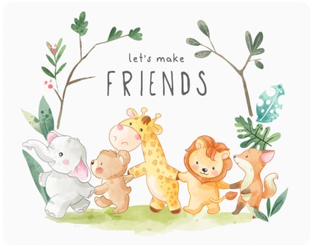 let's make friends slogan with cute cartoon animals holding hand illustration vector