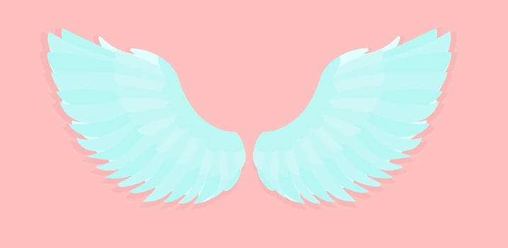 Vector illustration of beautiful angel wings isolated on pink background. Angel wings for greeting cards. Spirituality and freedom concept.