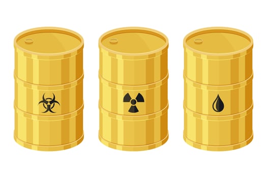 Yellow barrels vector containing oil, biohazard waste, vector radioactive waste, isolated white background