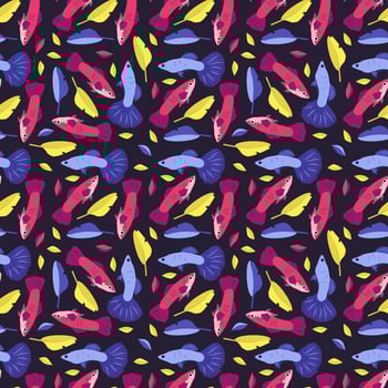 Bright seamless pattern with fantastic fish and plants. Magical dreamy print for party, wrapping paper, textile and design. Vector flat illustration