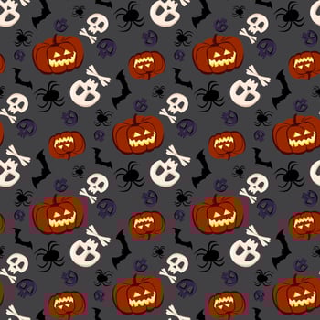 Cute dark seamless pattern with pumpkins, cobwebs and spiders. Halloween party decoration. Vegetable print with a smirk. Festive background for paper, textile, holiday and design. Vector illustration.