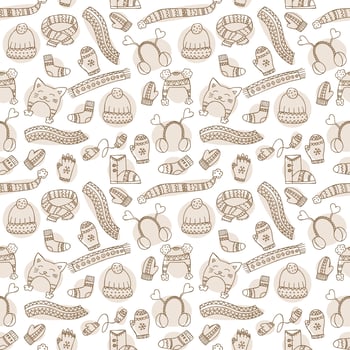 Hand-drawn winter clothing. Seamless pattern. Endless ornament. Vector illustration in doodle style. Winter mood. Hello 2023. Merry Christmas and Happy New Year. Brown elements on a white background.