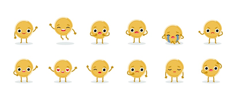Set of cute emotional gold coin characters. Funny vector cartoon money isolated on white background