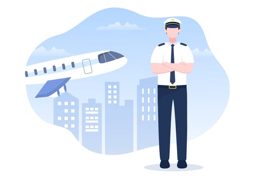 Pilot Cartoon Vector Illustration with Airplane, Air Hostess, City or Airport Background Design