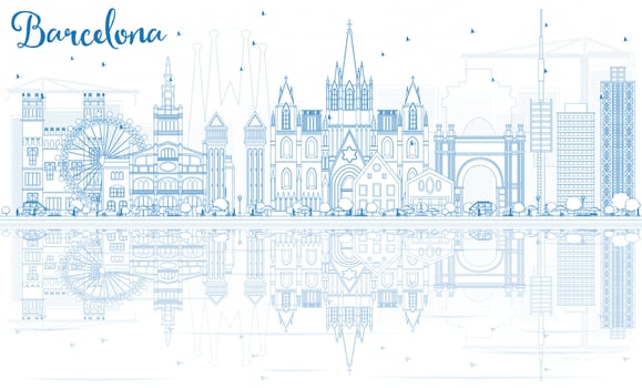 Outline Barcelona Skyline with Blue Buildings and Reflections. vector