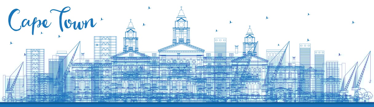 Outline Cape town skyline with blue buildings. vector