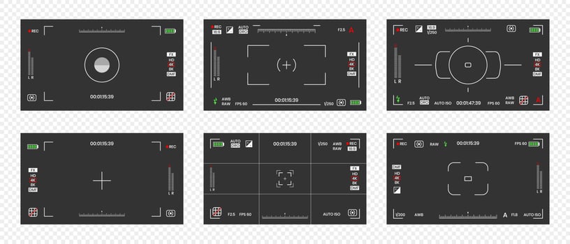 Camera viewfinder video or photo frame recorder flat style design vector illustration set.