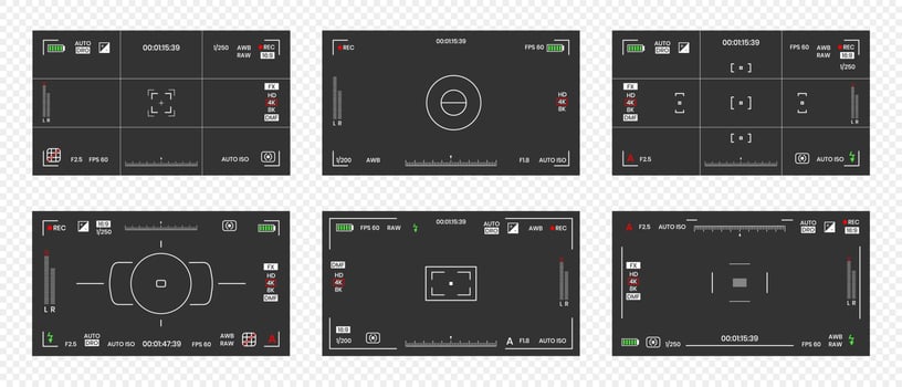 Camera viewfinder video or photo frame recorder flat style design vector illustration set.