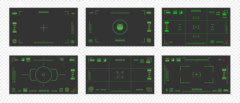 Camera viewfinder night vision video or photo frame recorder flat style design vector illustration set.
