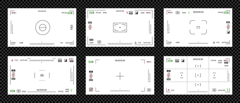 Camera viewfinder video or photo frame recorder flat style design vector illustration set.
