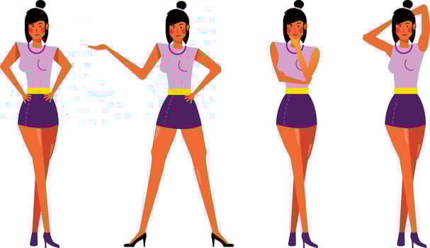 model girl posing flat vector illustration set for fashion themed template, poster, banner, or presentation
