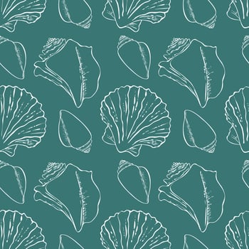 Sea white shells blue background pattern. vector