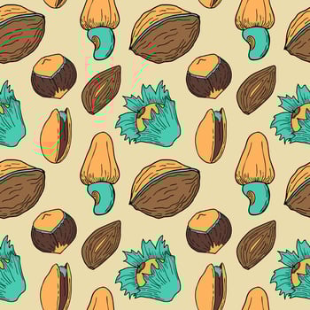 Pattern nuts hand drawn doodles pistachios almonds walnuts hazelnuts. vector