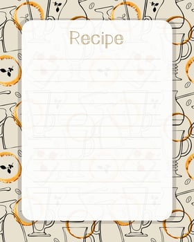 Recipe card lined blank template pattern with doodle glass, coffee, watercolor spot. vector