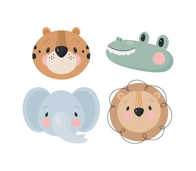 African Animals. Lion, crocodile, elephant, leopard. Vector illustration in cartoon style. For card, posters, banners, books and print for clothes, t shirt, icons.