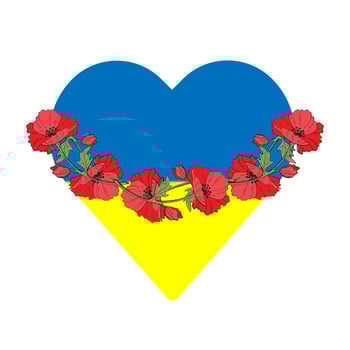 Heart Ukraine blue yellow witch red poppy. No WAR. Save Ukraine, flag of Ukraine and a wreath of red poppies vector