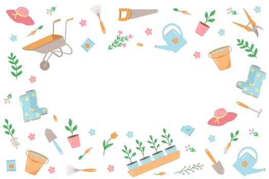 Garden tools and plants, a set of vector doodle illustrations. Concept gardening, a summer hobby