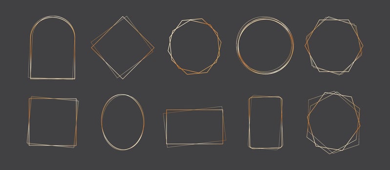 Set of luxury gold geometric frames design. Abstract golden shapes graphic template isolated on white background. Decorative border elements for wedding or invitation. Vector illustration