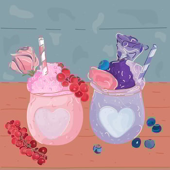 Cute Smoothie jars with fruit, currents, berries and roses. Front view. Healthy breakfast or lunch. Great for Spring or Summer backgrounds, card, banner. Vector