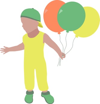A child with balloons. Colorful illustration with a baby. Lucky boy. A fun event. A cheerful shiny banner. For a website, landing page, invitations, presentations, business cards. EPS file 10 vector