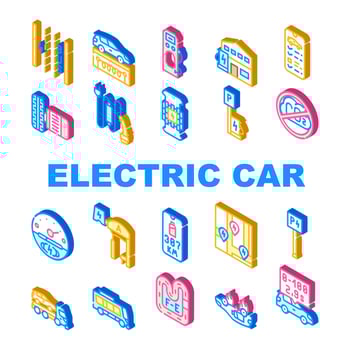 Electric Car Vehicle Collection Icons Set Vector