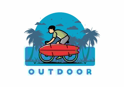 Ride a bike with a surf board illustration vector