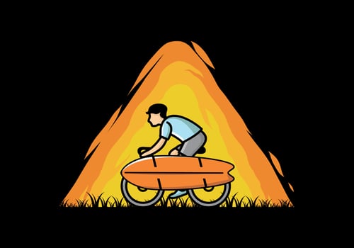 Ride a bike with a surf board illustration vector