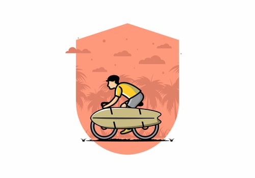 Ride a bike with a surf board illustration vector