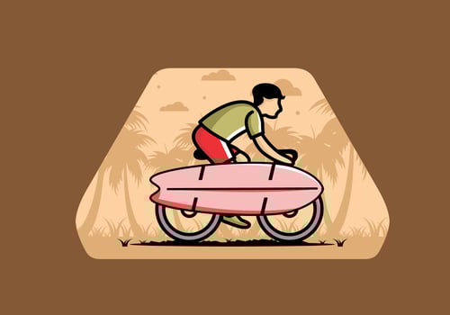 Ride a bike with a surf board illustration vector