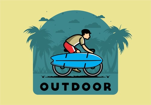 Ride a bike with a surf board illustration vector