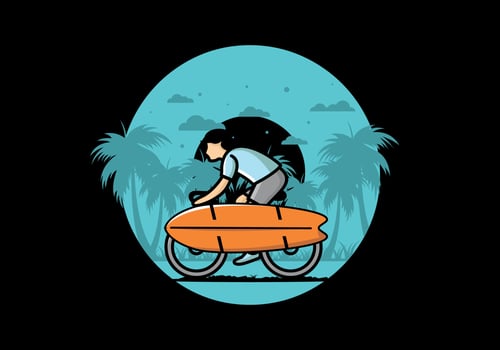 Ride a bike with a surf board illustration vector